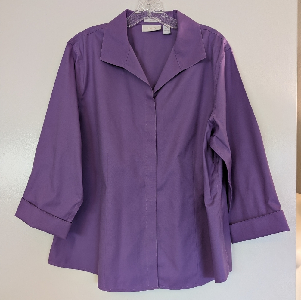 Chico's Royal Purple Blouse with pleated Cuffs - Concealed Buttons Front